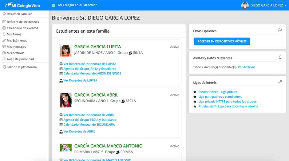 MiColegioWeb screenshot perfil de padres página de inicio